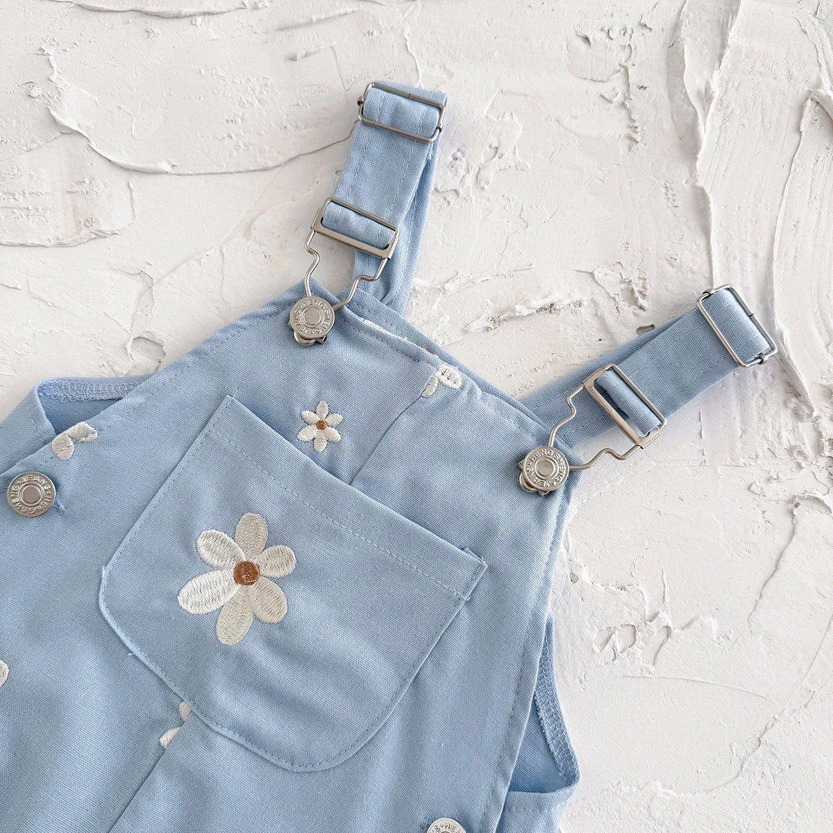Toddler Blue Daisy Overalls - Floral Embroidered Baby Jumpsuit with Pockets (6M-3T)