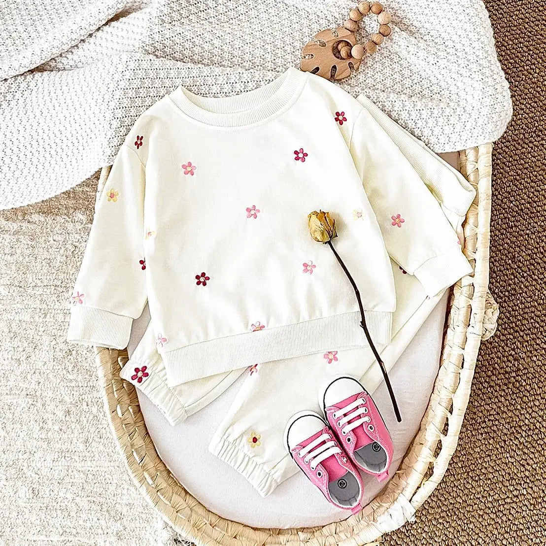 Baby Girls Floral Embroidered Outfit - Cotton Sweatshirt & Pants Set (6M-3T)