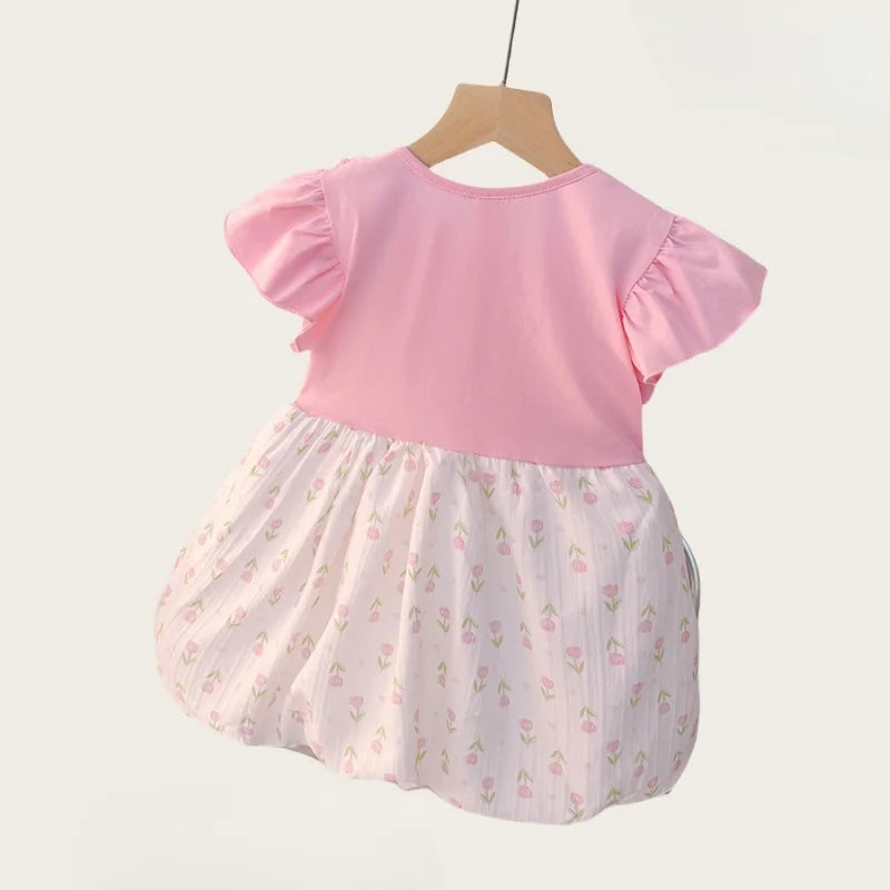 Baby & Toddler Girls Cotton Floral Summer Dress | Mock Two-Piece Ruffled Sun Dress with Decorative Bow (12M-4T)