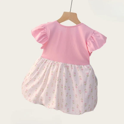 Baby & Toddler Girls Cotton Floral Summer Dress | Mock Two-Piece Ruffled Sun Dress with Decorative Bow (12M-4T)