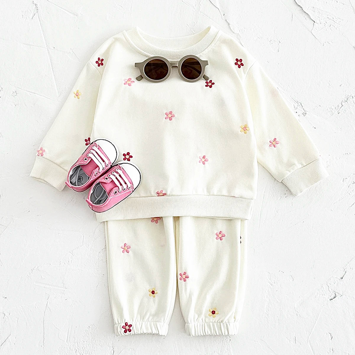 Baby Girls Floral Embroidered Outfit - Cotton Sweatshirt & Pants Set (6M-3T)