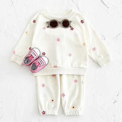 Baby Girls Floral Embroidered Outfit - Cotton Sweatshirt & Pants Set (6M-3T)