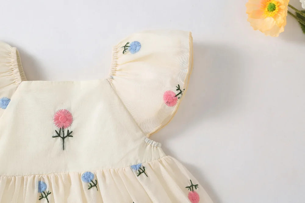 Baby Girl Floral Embroidered Cotton Romper Dress with Matching Headband | Flutter Sleeve Summer Toddler Outfit (3-24M)