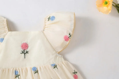 Baby Girl Floral Embroidered Cotton Romper Dress with Matching Headband | Flutter Sleeve Summer Toddler Outfit (3-24M)