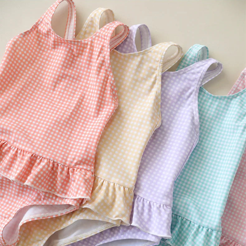 Vintage Gingham One-Piece Swimsuit & Matching Swim Cap Set for Baby & Toddler Girls (9M - 8Y)