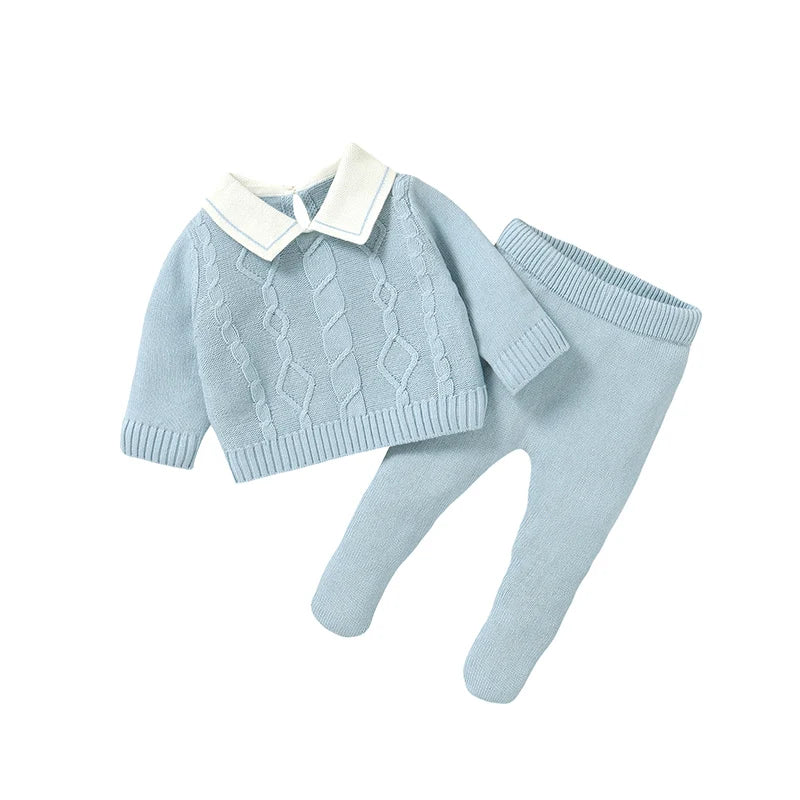 Newborn Infant Boy Winter Knit Clothes Set | Long Sleeve Collared Sweater & Footed Leggings (0-9M)
