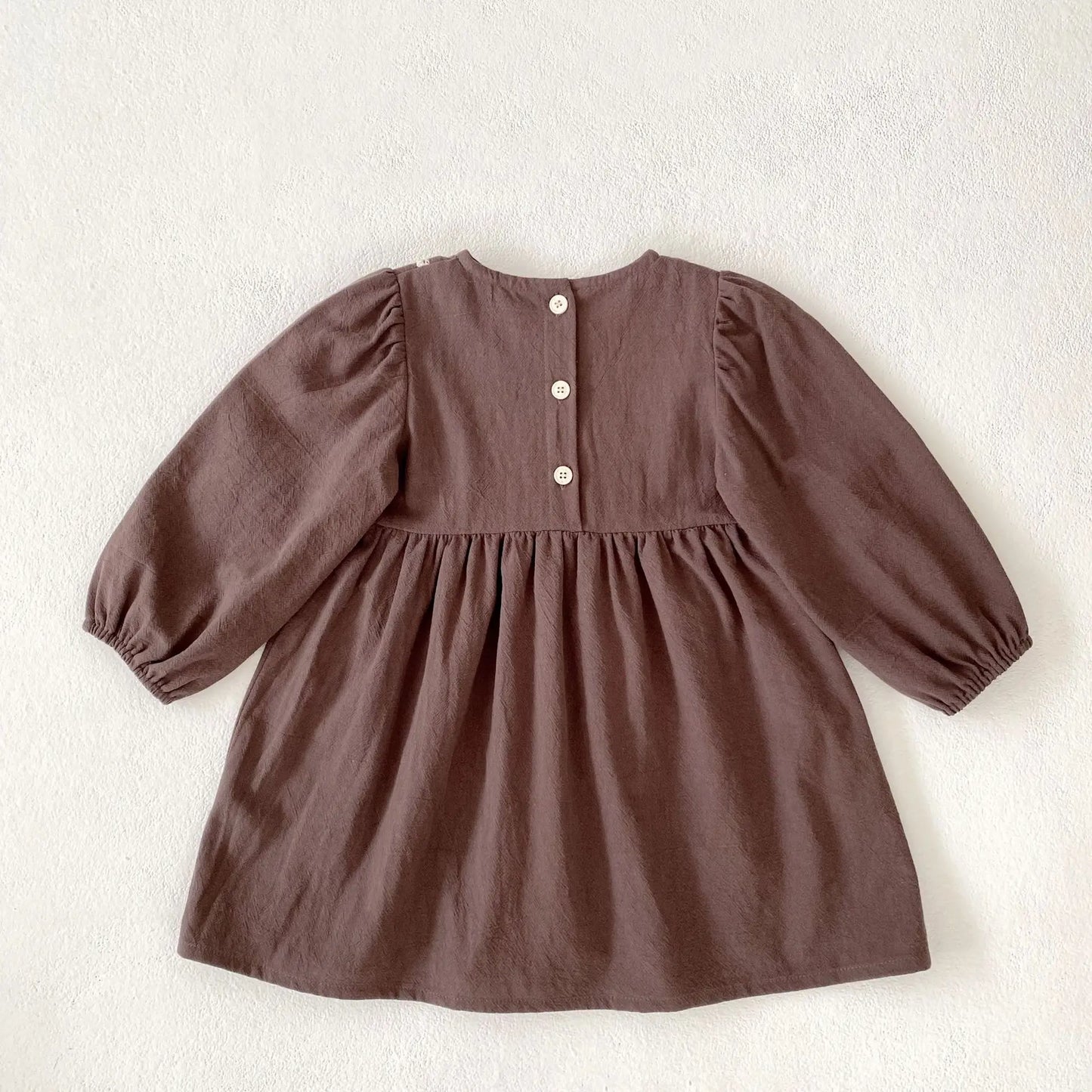 Toddler & Girls Brown Floral Embroidered Cotton Long Sleeve Dress (2T-6T)