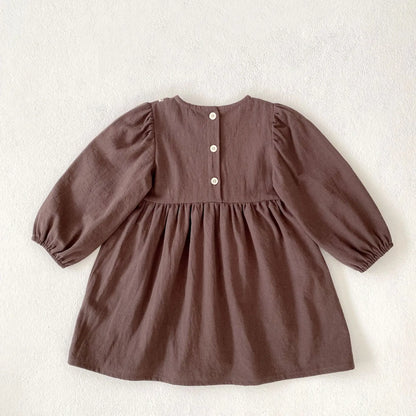 Toddler & Girls Brown Floral Embroidered Cotton Long Sleeve Dress (2T-6T)