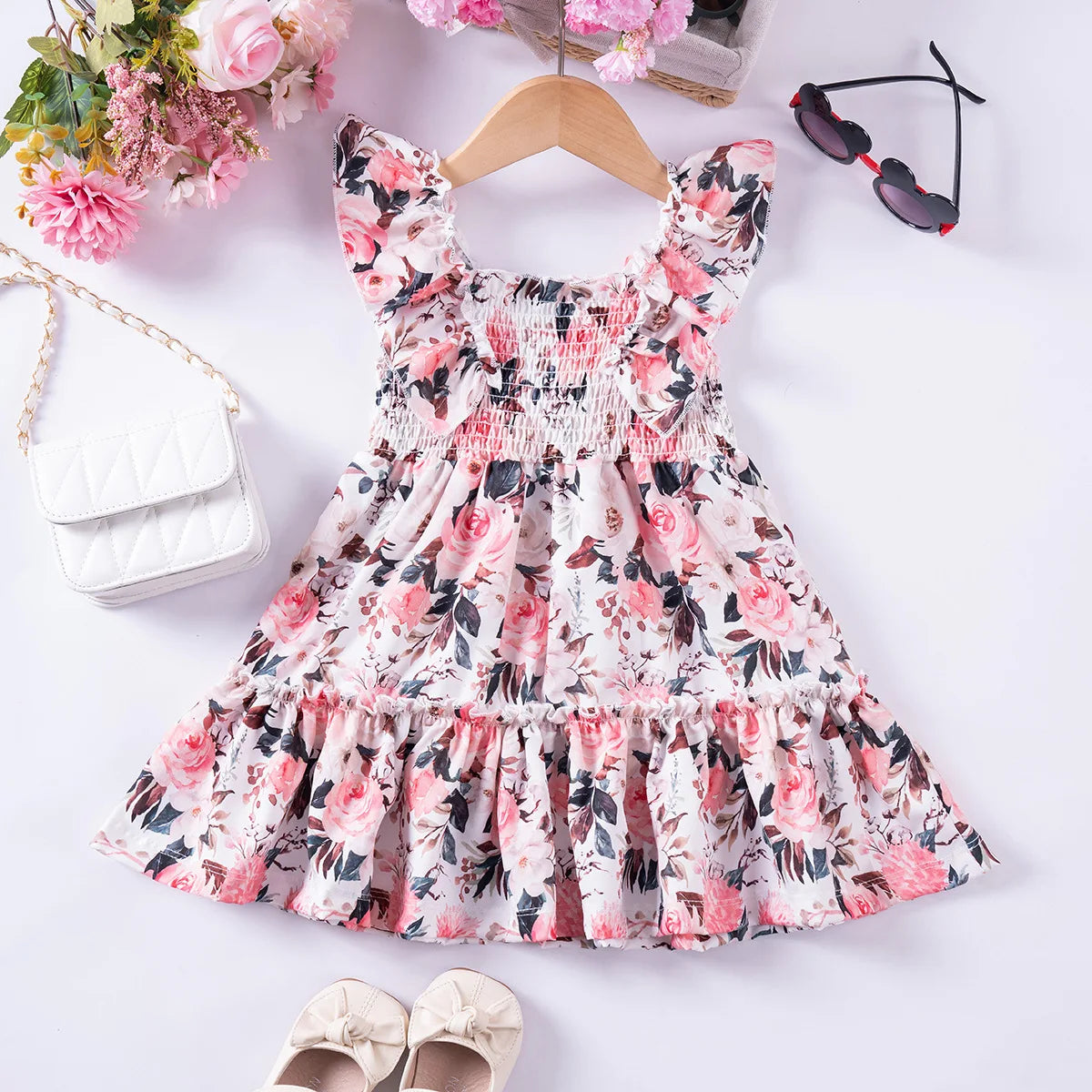 Girls Floral Summer Dress with Ruffled Sleeves & Smocked Waist (2T-6T)