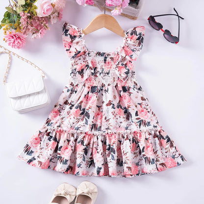 Girls Floral Summer Dress with Ruffled Sleeves & Smocked Waist (2T-6T)