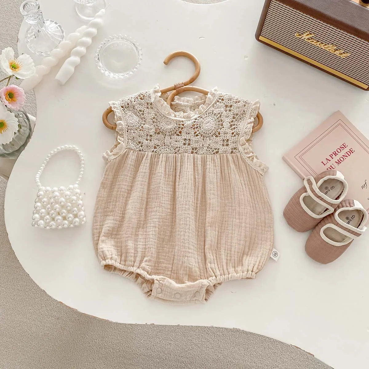 Vintage Cottagecore Baby Girl Lace Romper - Boho Muslin Summer Jumpsuit & Sunsuit (0-18M)