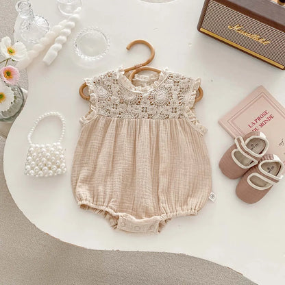 Vintage Cottagecore Baby Girl Lace Romper - Boho Muslin Summer Jumpsuit & Sunsuit (0-18M)
