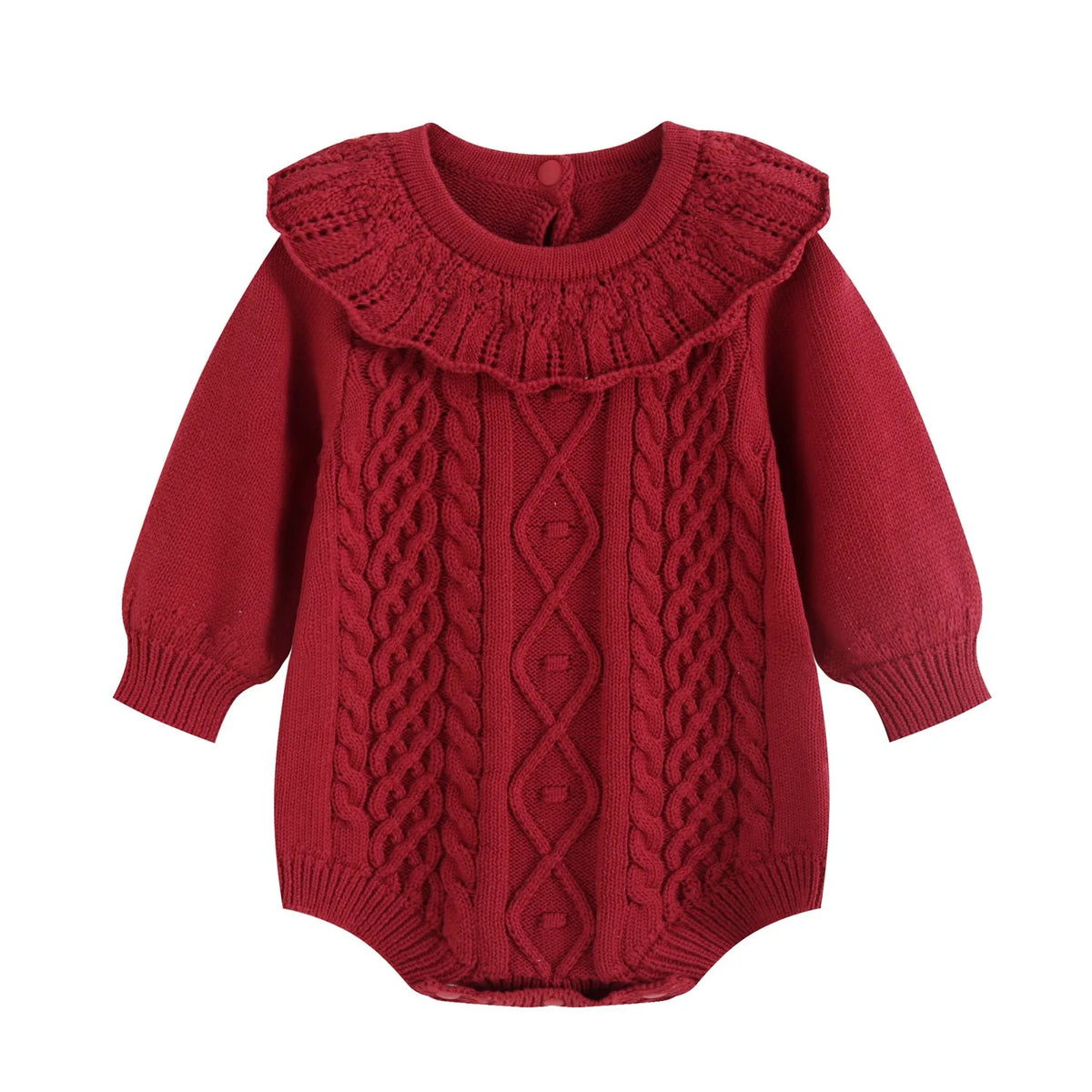 Baby Girl Red Knit Ruffle Collar Romper – Long Sleeve Christmas Sweater Bodysuit (0-24M)