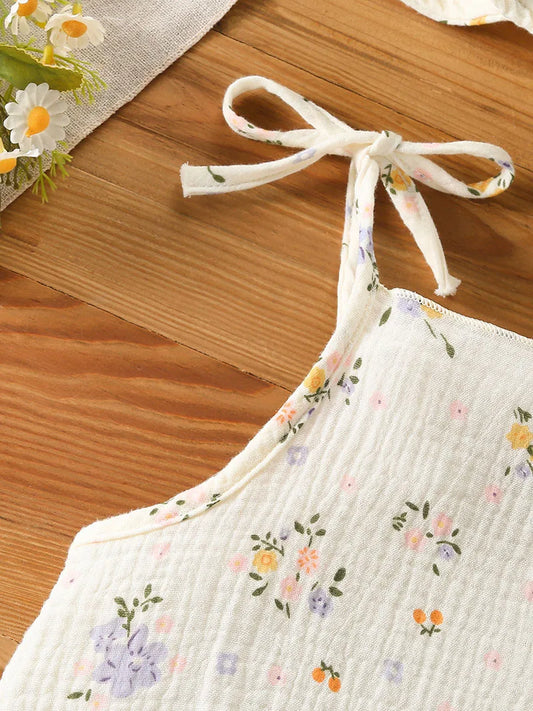 Baby Girl Muslin Cotton Romper & Sun Hat Set - Floral 2-Piece Summer Bodysuit (3-18M)