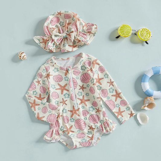 Baby & Toddler Girls Long Sleeve Rash Guard Swimsuit with Sun Hat - 2-Piece Set, Shell & Starfish Print, Zip-Front One Piece Bathing Suit (6M-4T)