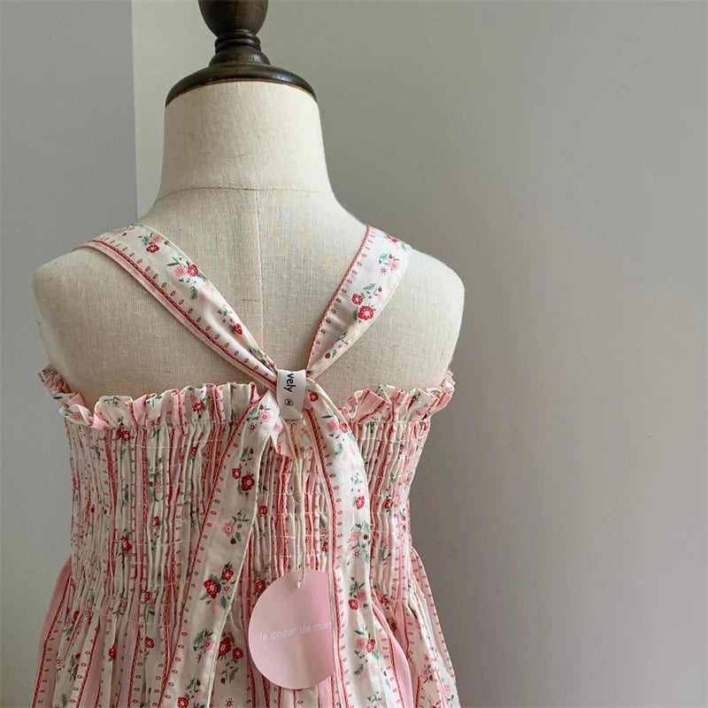 Toddler & Girls Cottage Floral Smocked Sundress - Adjustable Tie Shoulder Cotton Dress (18M-7Y)