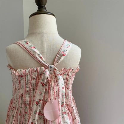 Toddler & Girls Cottage Floral Smocked Sundress - Adjustable Tie Shoulder Cotton Dress (18M-7Y)