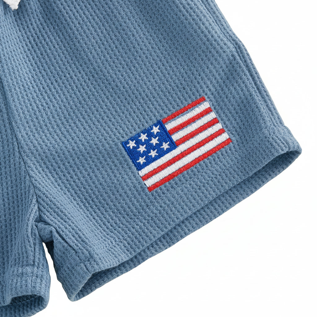 Toddler Boy 4th of July Outfit - USA Patriotic Blue Waffle Shorts Set (0-3T)