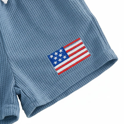 Toddler Boy 4th of July Outfit - USA Patriotic Blue Waffle Shorts Set (0-3T)