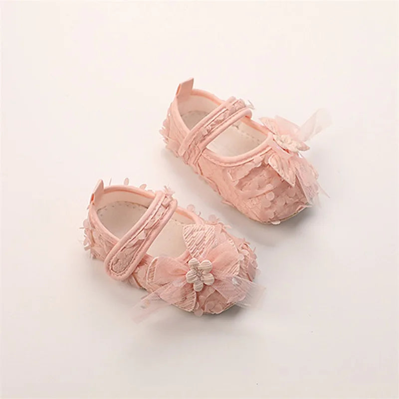 Baby Girl Princess Floral First Walker Shoes - Soft Sole Infant Crib Flats with Bow & Petal Detail, (3-12M)