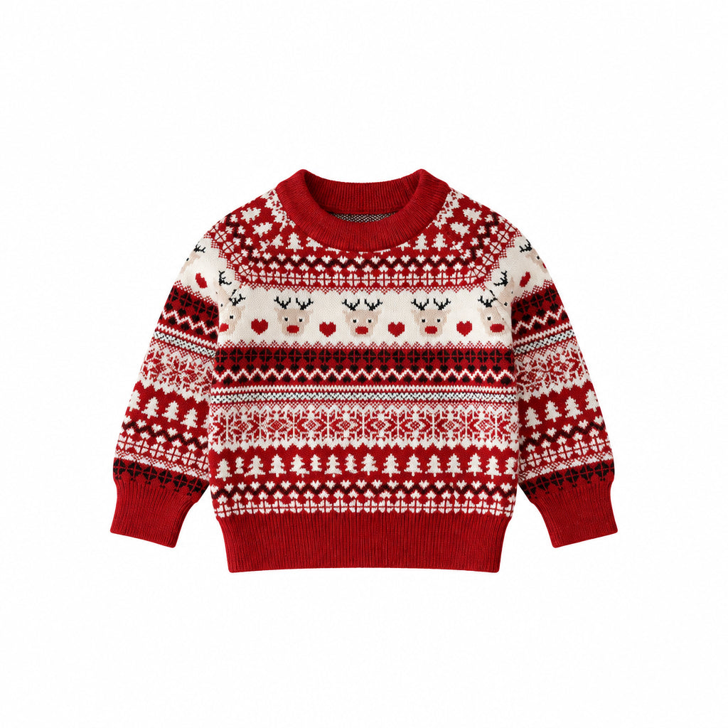 Baby & Toddler Christmas Reindeer Knit Sweater (Optional Matching Beanie) - Red & White Fair Isle Pullover (3M-4T)
