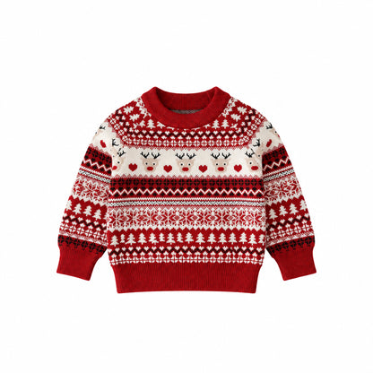 Baby & Toddler Christmas Reindeer Knit Sweater (Optional Matching Beanie) - Red & White Fair Isle Pullover (3M-4T)