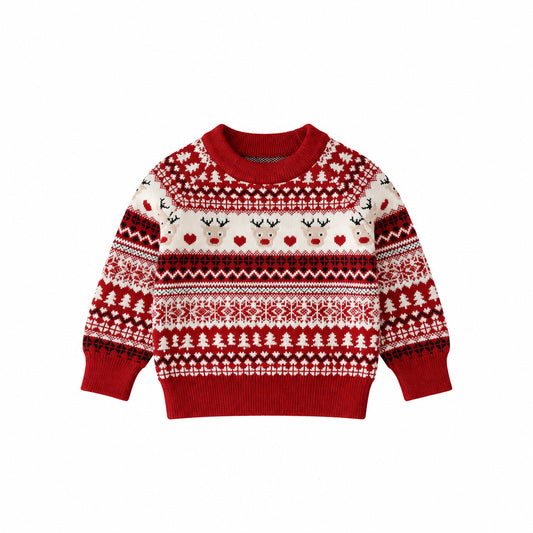 Baby & Toddler Christmas Reindeer Knit Sweater (Optional Matching Beanie) - Red & White Fair Isle Pullover (3M-4T)