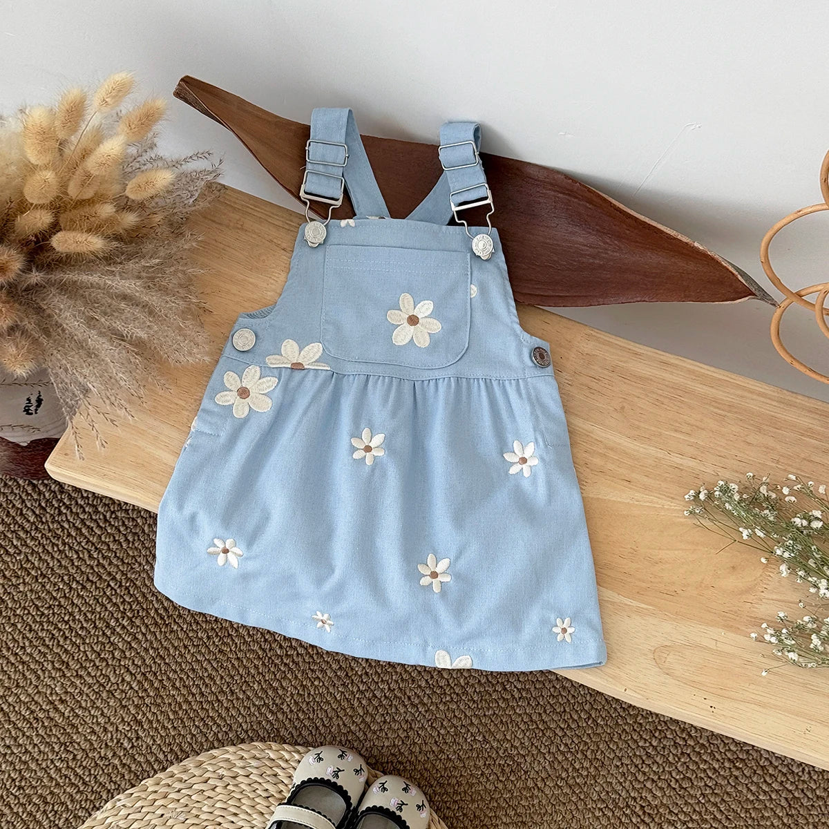 Baby Girl Daisy Embroidered Overall Dress | Toddler Blue Cotton Summer Jumper (6M-3T)
