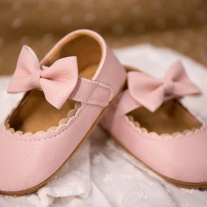 Baby Girl Mary Jane Dress Shoes - Non-Slip Rubber Sole Bowknot First Walkers (0-18M)