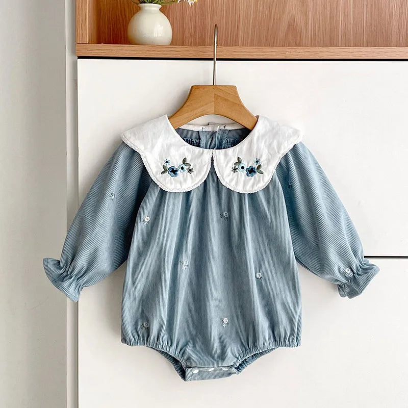 Sister Matching Floral Outfits: Blue Corduroy Embroidered Baby Romper & Girls Princess Dress - Coordinated Sister Boutique Set