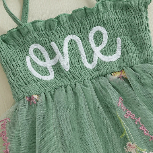 Baby Girl 1st Birthday Romper Set - Sage Green Floral Tutu One Piece & Headband (6-18M)