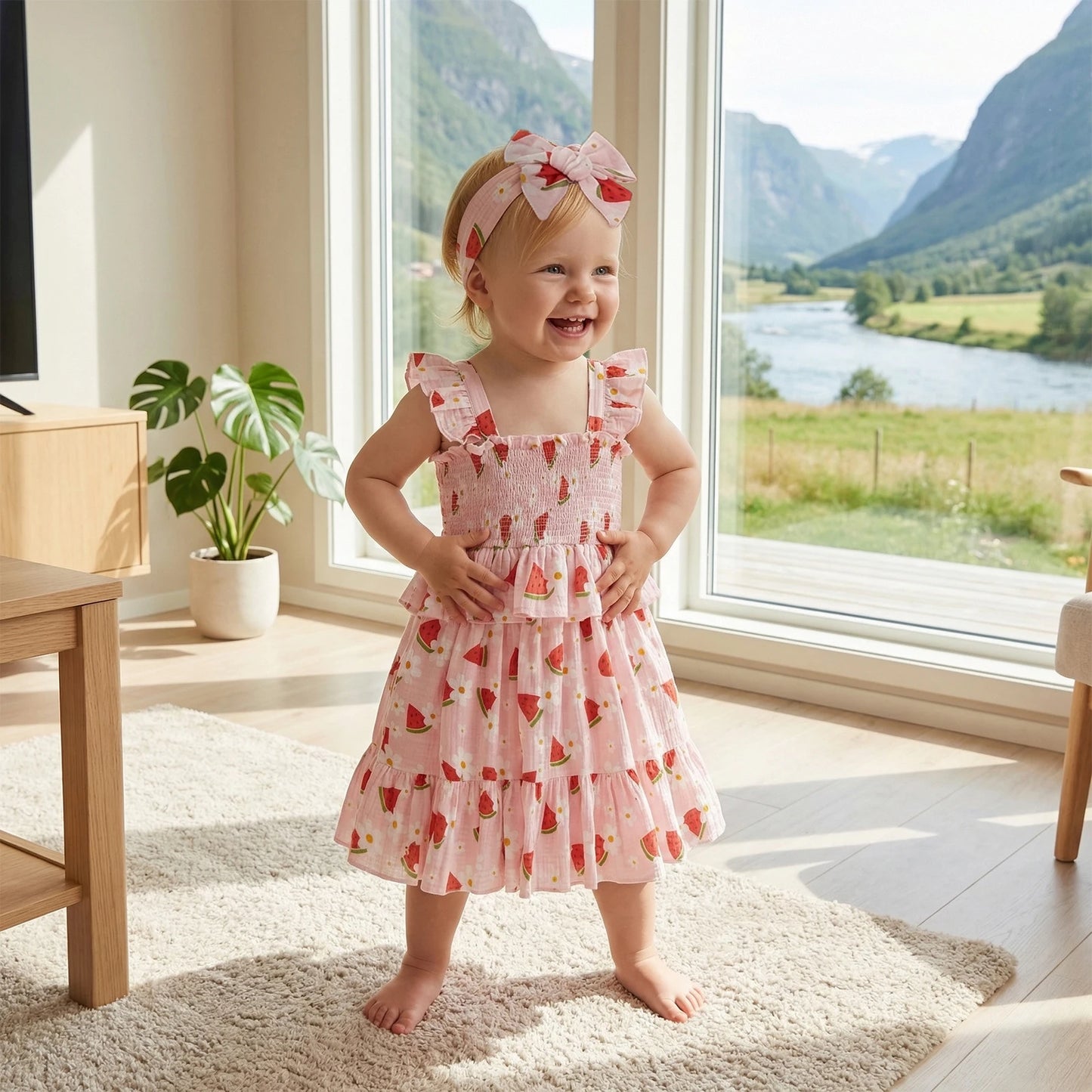 Baby & Toddler Girl Watermelon Floral Summer Dress - Smocked Tiered Ruffle Tank Dress with Matching Headband (12M-5T)