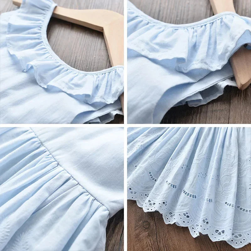 Toddler & Girls’ Blue Cotton Eyelet Lace Summer Dress – Elegant Ruffle Princess Party Outfit (Sizes 2T-6)
