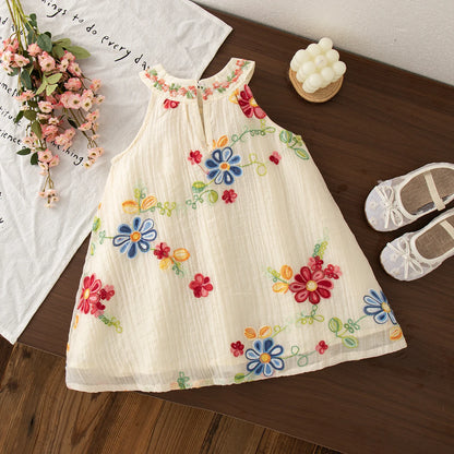 Embroidered Baby Girl Summer Dress - Floral Cotton Sleeveless A-Line Toddler Dress (6M - 4T)
