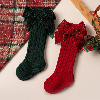 Baby & Toddler Girls Christmas Velvet Bow Socks – Kids Festive Ribbed Knit Stockings (0–8 Years)
