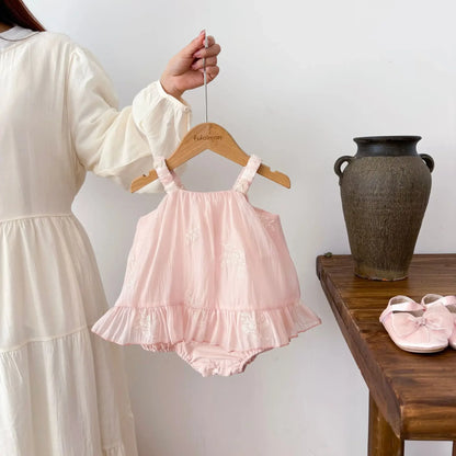 Baby Girl Floral Embroidered Romper Dress - Soft Cotton Princess Summer Bodysuit (0-2T)
