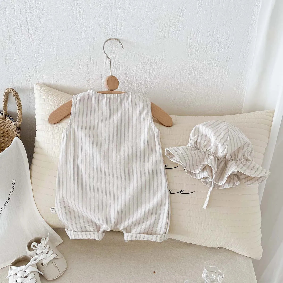 Neutral Ticking-Stripe Sleeveless Baby Romper with Matching Sun Hat - 100% Cotton (0-24M)