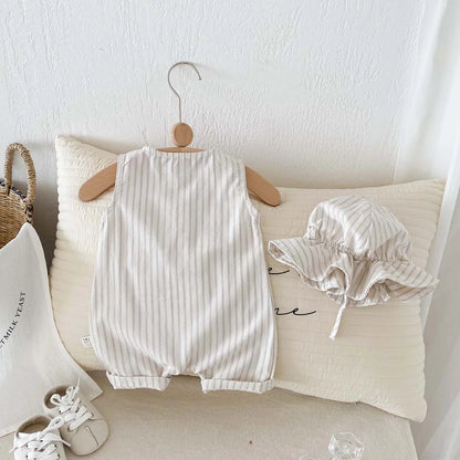 Neutral Ticking-Stripe Sleeveless Baby Romper with Matching Sun Hat - 100% Cotton (0-24M)