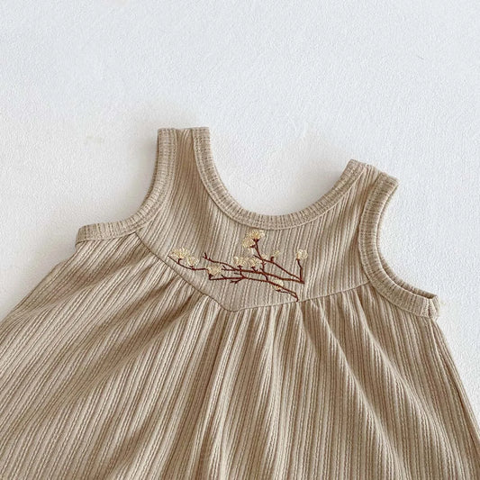 Toddler Girls Mushroom Floral Embroidered 2-Piece Summer Set - Ribbed Vest & Bloomers - (9M-3T)