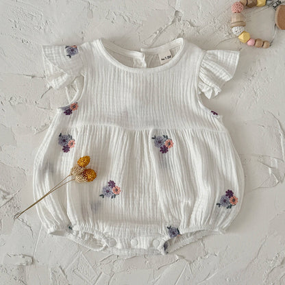 Summer Embroidered Floral Baby Romper - White Cotton Muslin Ruffle Sleeve Bodysuit (6-18M)
