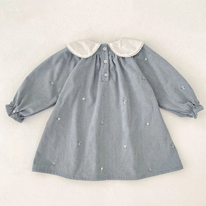 Sister Matching Floral Outfits: Blue Corduroy Embroidered Baby Romper & Girls Princess Dress - Coordinated Sister Boutique Set