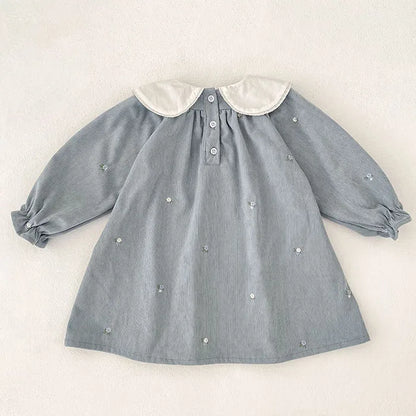 Sister Matching Floral Outfits: Blue Corduroy Embroidered Baby Romper & Girls Princess Dress - Coordinated Sister Boutique Set