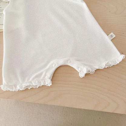 Waffle Knit Baby Girl Romper & Bonnet Set - Ruffle Sleeve Lace Trim Summer Jumpsuit (3-24M)