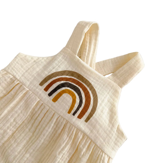 Boho Rainbow Baby Romper - Soft Viscose Muslin Bodysuit - Earth Tone Sleeveless Sunsuit for Newborn & Infants (1-18M)