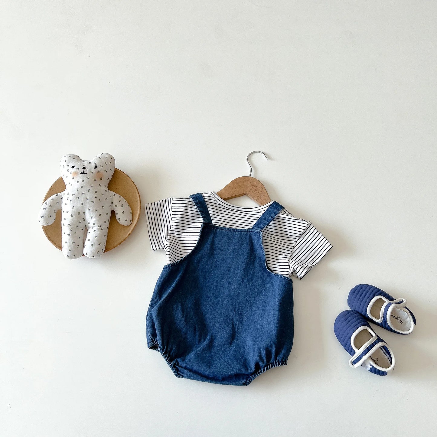 Unisex Baby Striped T-Shirt and Denim Bear Romper Set - 2pc Summer Toddler Outfit (3M-3T)