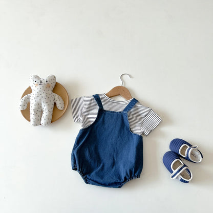 Unisex Baby Striped T-Shirt and Denim Bear Romper Set - 2pc Summer Toddler Outfit (3M-3T)