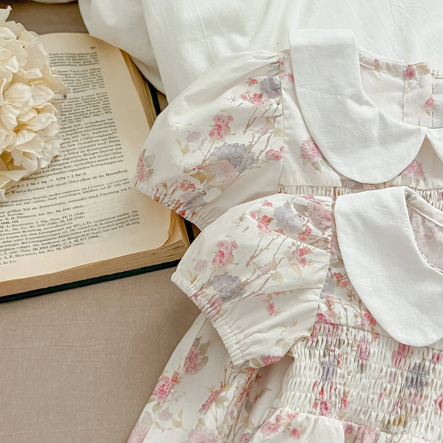 Pink Floral Smocked Sister Matching Outfits - Puff Sleeve Cotton Romper & Princess Dress (3M-6T)