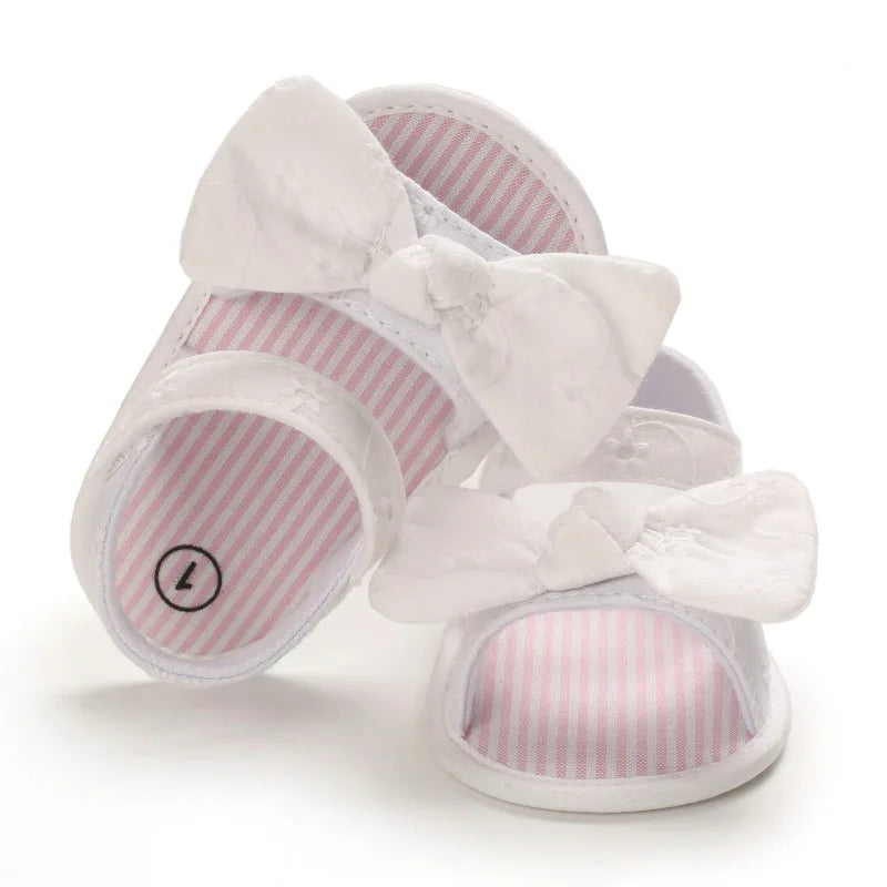 Baby Girl Soft Sole Bow Sandals - Eyelet Lace Floral Infant Shoes (0-18M)