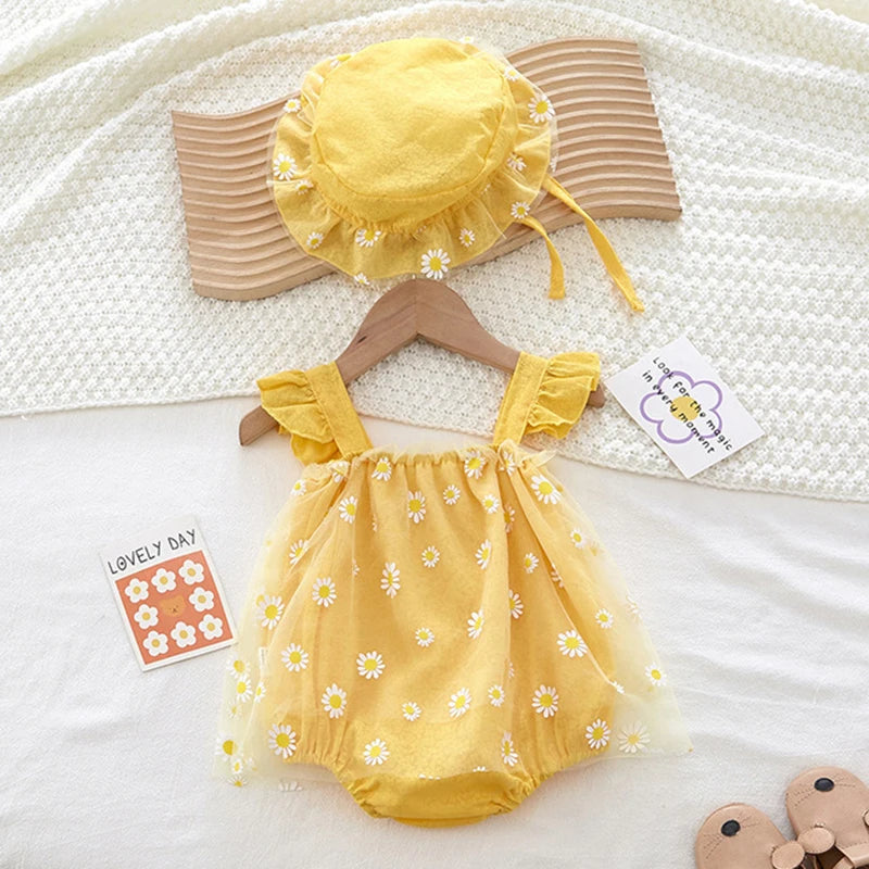 Baby Girl Daisy Floral Romper & Sun Hat Set - Cotton Mesh Fly Sleeve Summer Jumpsuit (3M-2T)