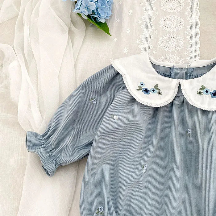 Sister Matching Floral Outfits: Blue Corduroy Embroidered Baby Romper & Girls Princess Dress - Coordinated Sister Boutique Set